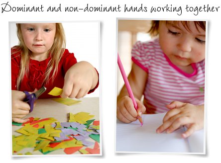 Dominant and non-dominant hands working together: toddler cutting with scissors and toddler writing while steadying with other hand