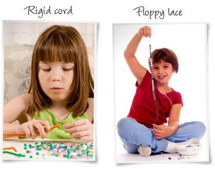 Strengthening pincer grip with beading: child working with beads on rigid cord and another child working with beads on floppy shoe lace